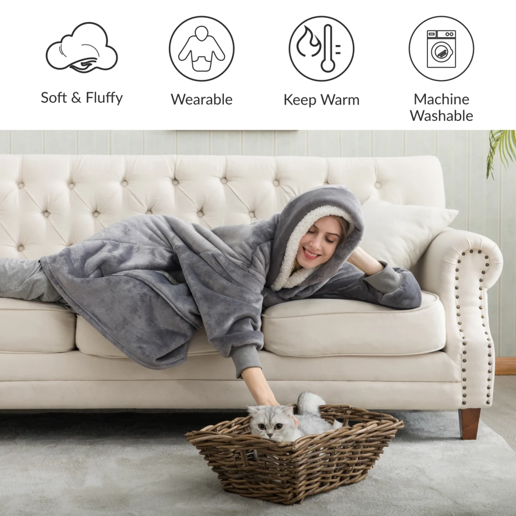 Custom Adult Luxury Winter Soft Wearable TV Oversized Cozy Fleece Sweatshirt Sherpa Hoodie Blanket with Sleeves